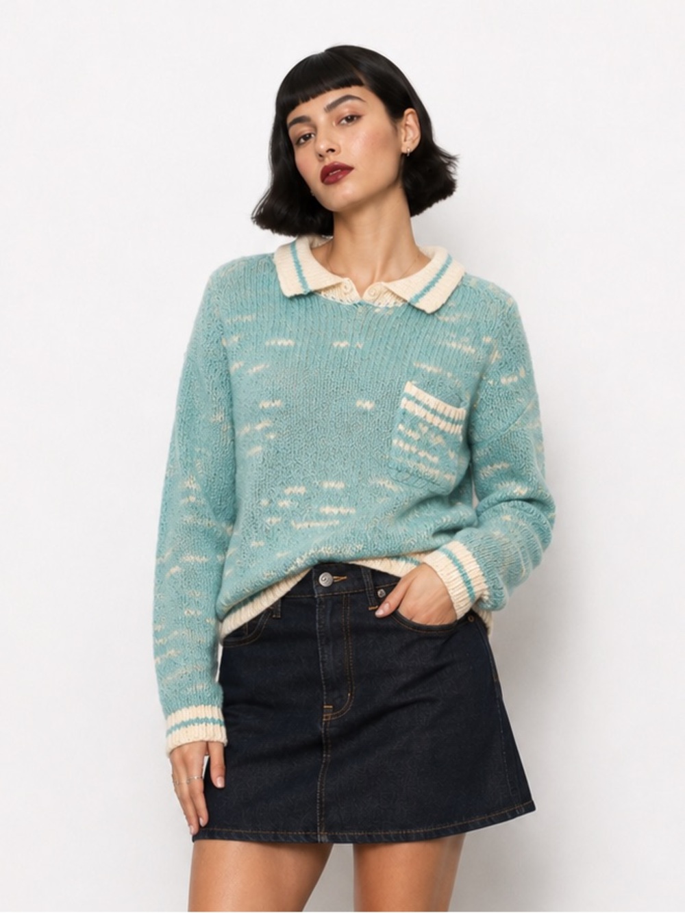 Vintage Cream-Trim Aqua Knit fuzzy Polo Sweater- says M, fits like small.